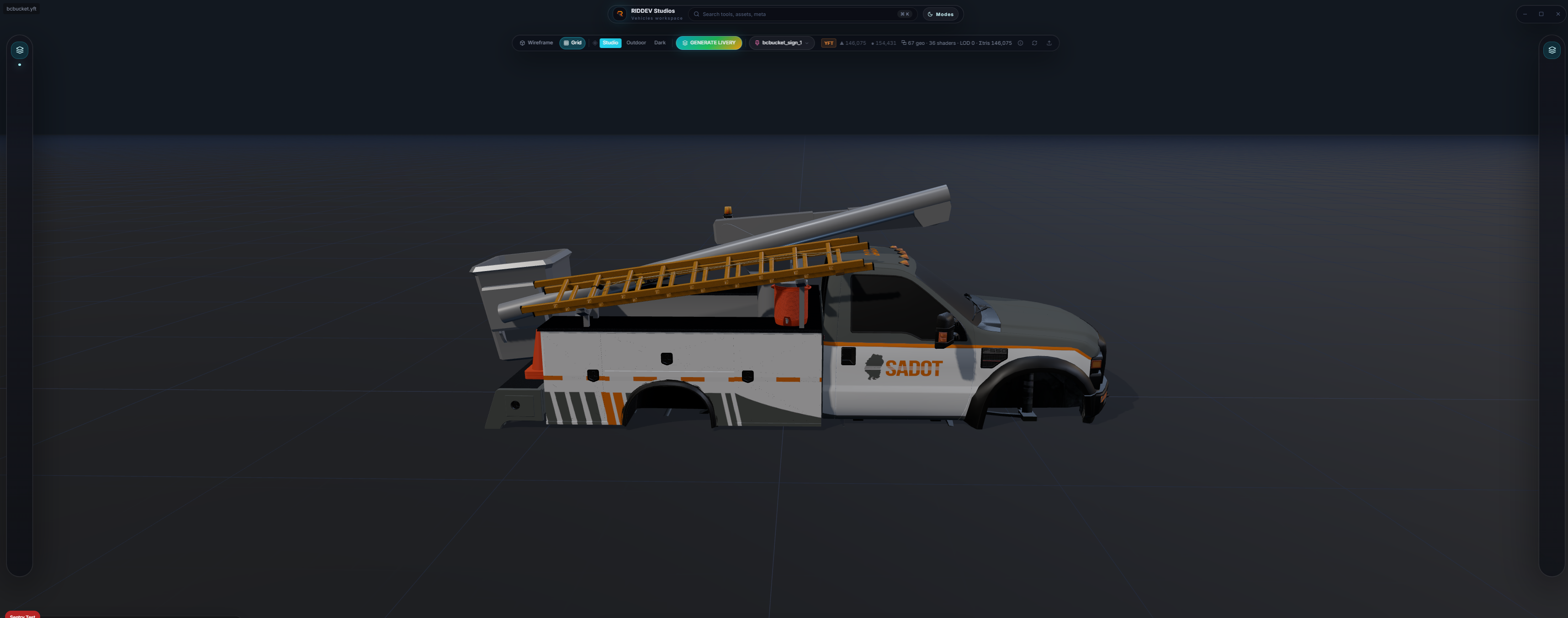RidDev Studios Vehicle Studio showing a SADOT utility truck with custom livery in real-time 3D preview